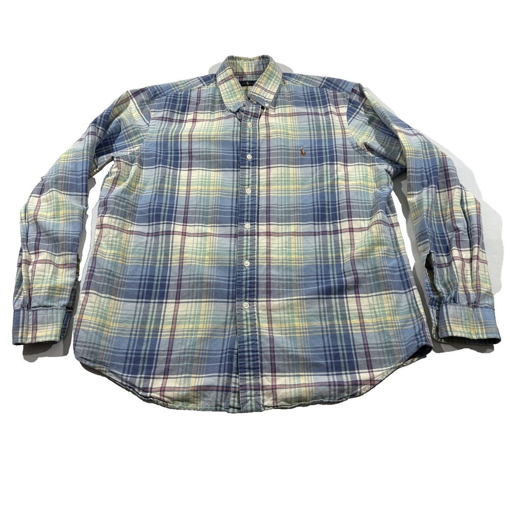 RALPH LAUREN Oxford Shirt Relaxed Fit Blue Long Sleeve Plaid Tartan Cotton Sz L
